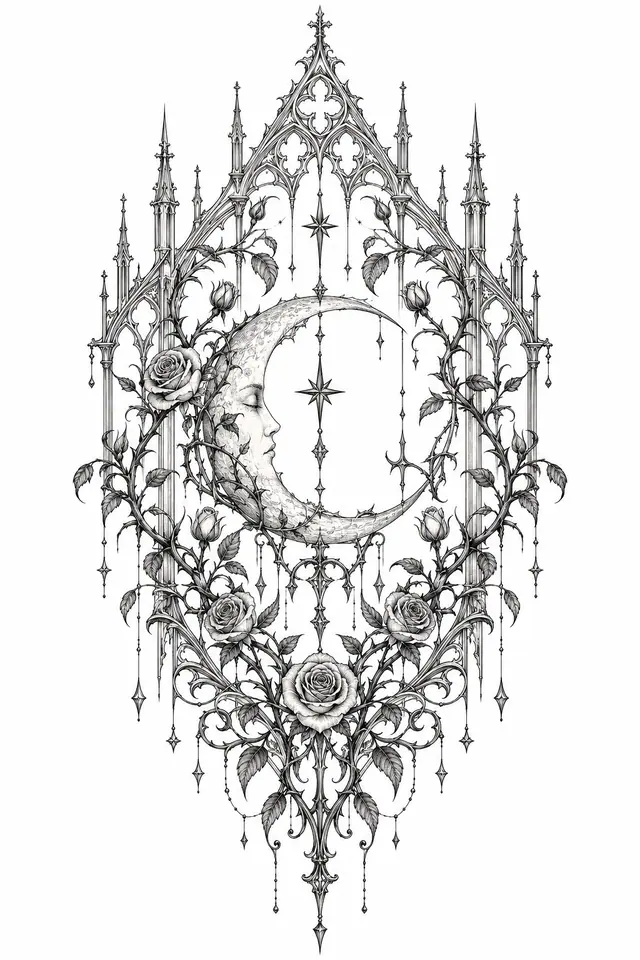 Fine-line gothic moon tattoo design for the back