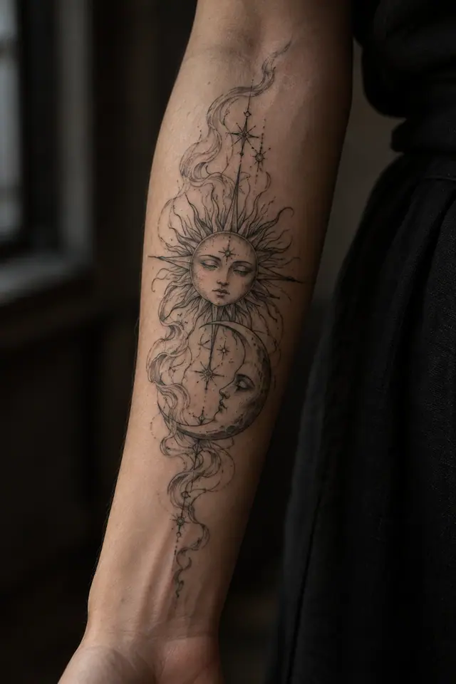 Fine-line gothic moon tattoo on the forearm
