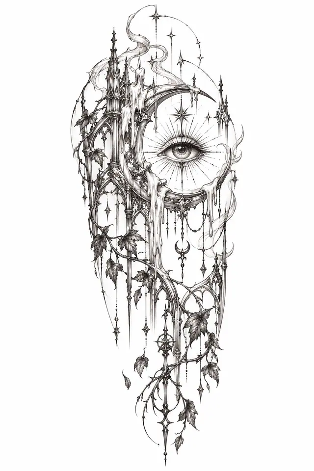 Fine-line gothic moon tattoo design for the upper arm (half sleeve)