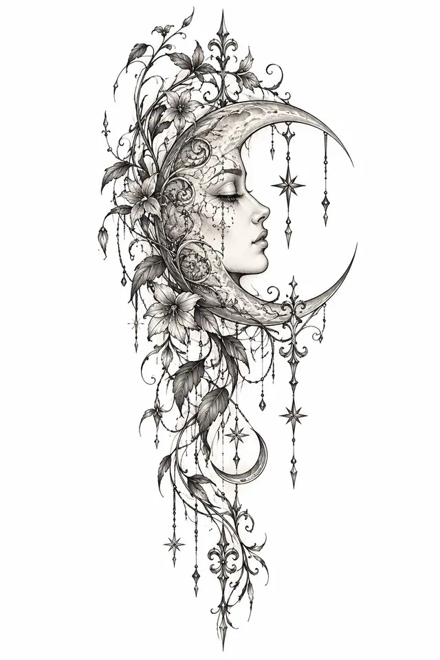 Fine-line gothic moon tattoo design for the upper arm (half sleeve)