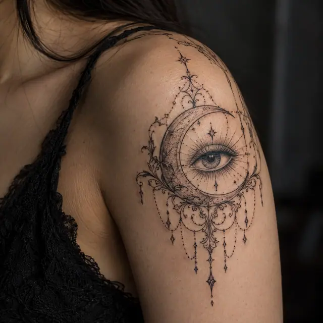 Fine-line gothic moon tattoo on the shoulder