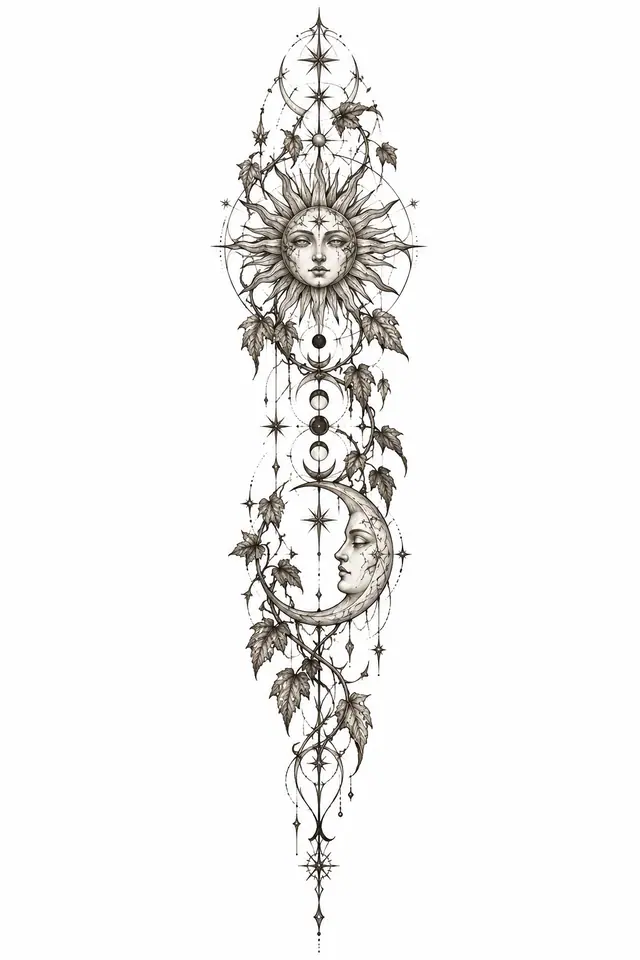 Fine-line gothic moon tattoo design for the spine