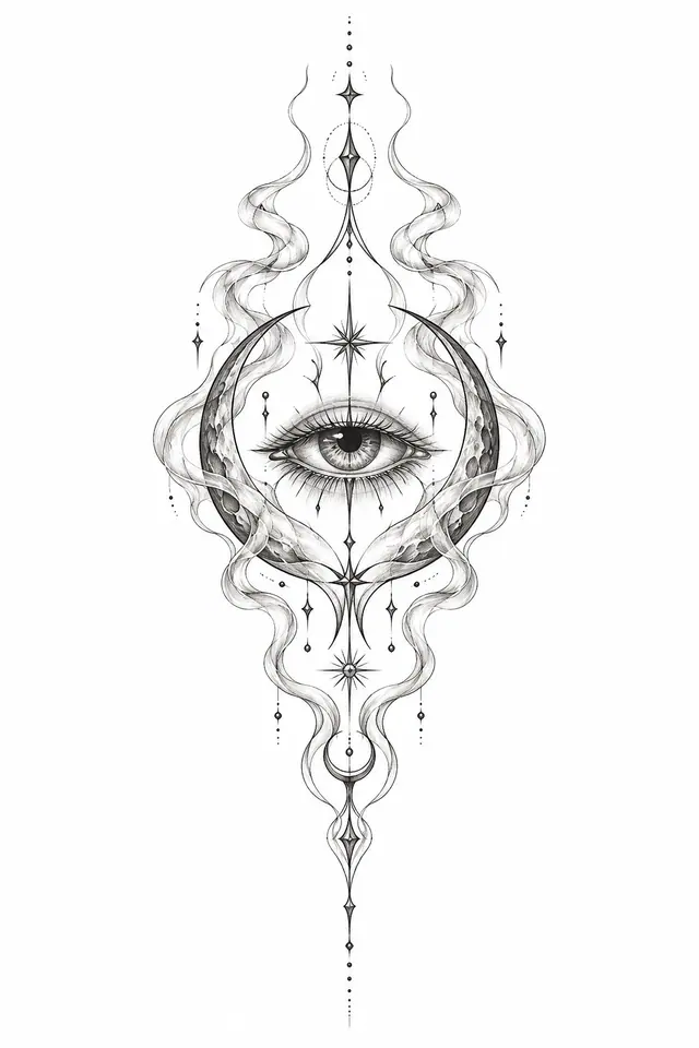 Fine-line gothic moon tattoo design for the sternum