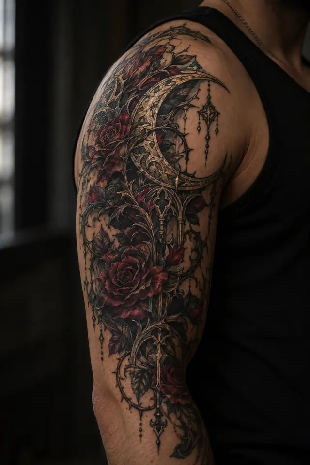 Neo-traditional gothic moon tattoo on the upper arm (half sleeve)