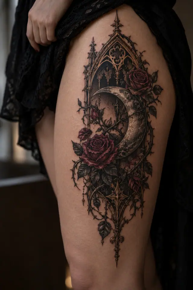 Neo-traditional gothic moon tattoo on the thigh