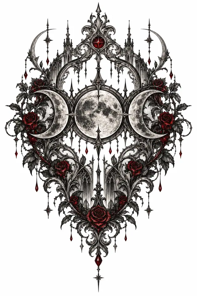 Red and black gothic moon tattoo design for the back