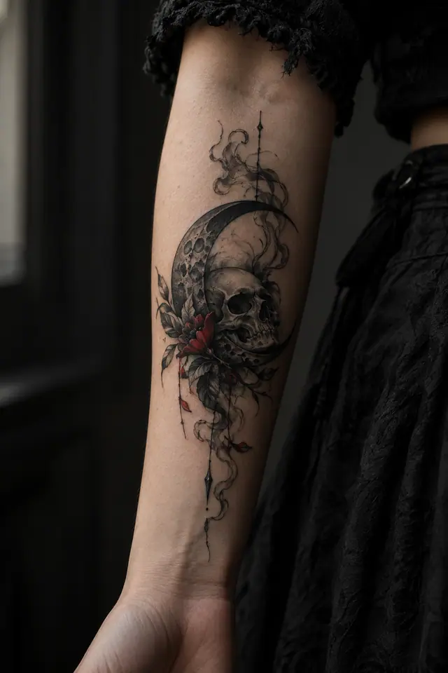 Red and black gothic moon tattoo on the forearm