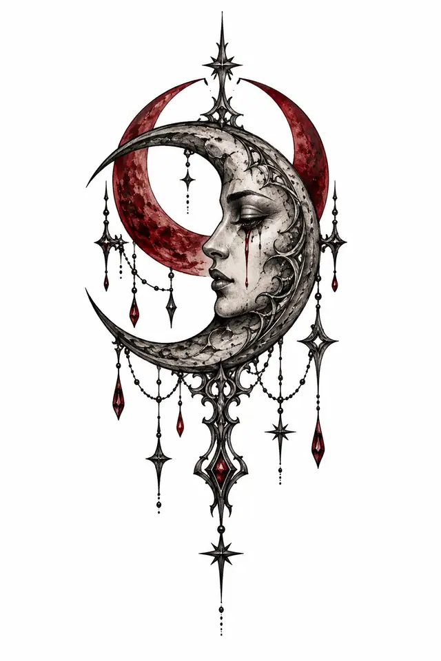 Red and black gothic moon tattoo design for the hand