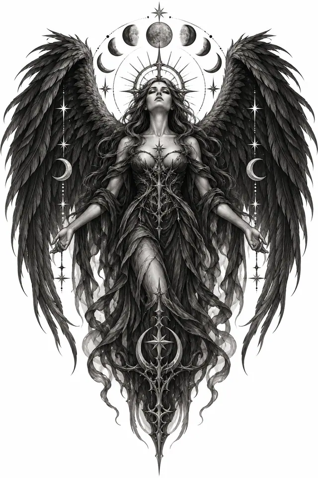 Black and grey fallen angel tattoo design for the back