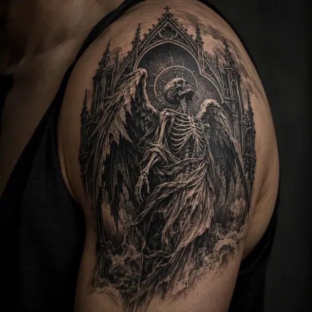 Black and grey fallen angel tattoo on the shoulder