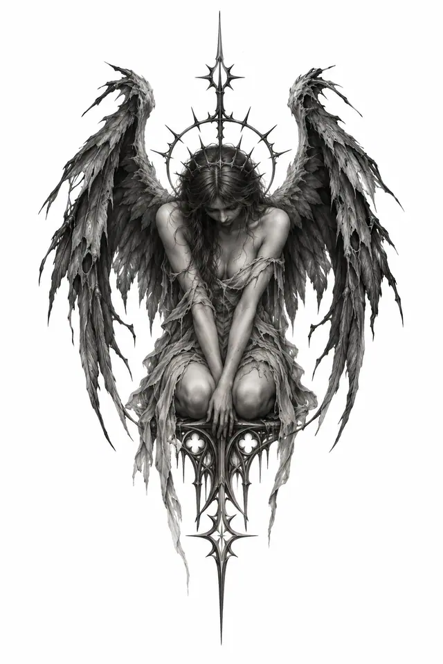 Black and grey fallen angel tattoo design for the sternum