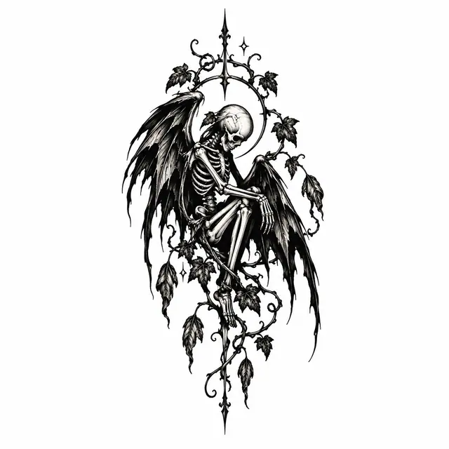 Blackwork fallen angel tattoo design for the ankle