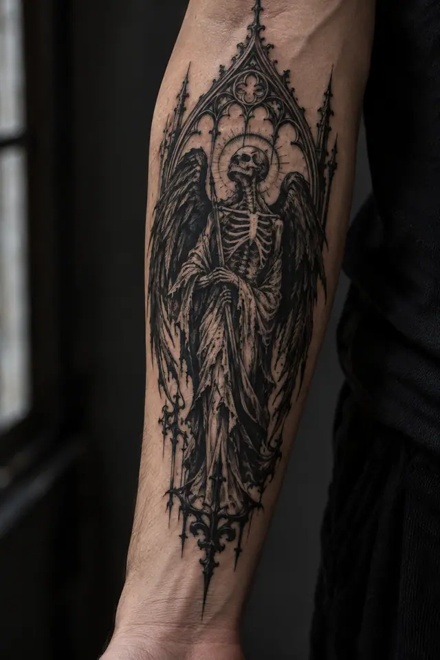 Blackwork fallen angel tattoo on the forearm