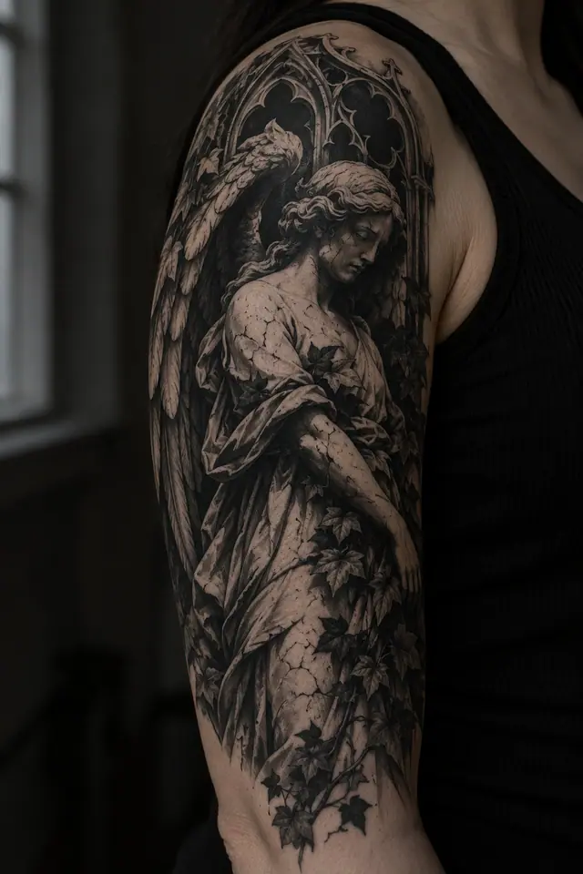 Blackwork fallen angel tattoo on the upper arm (half sleeve)