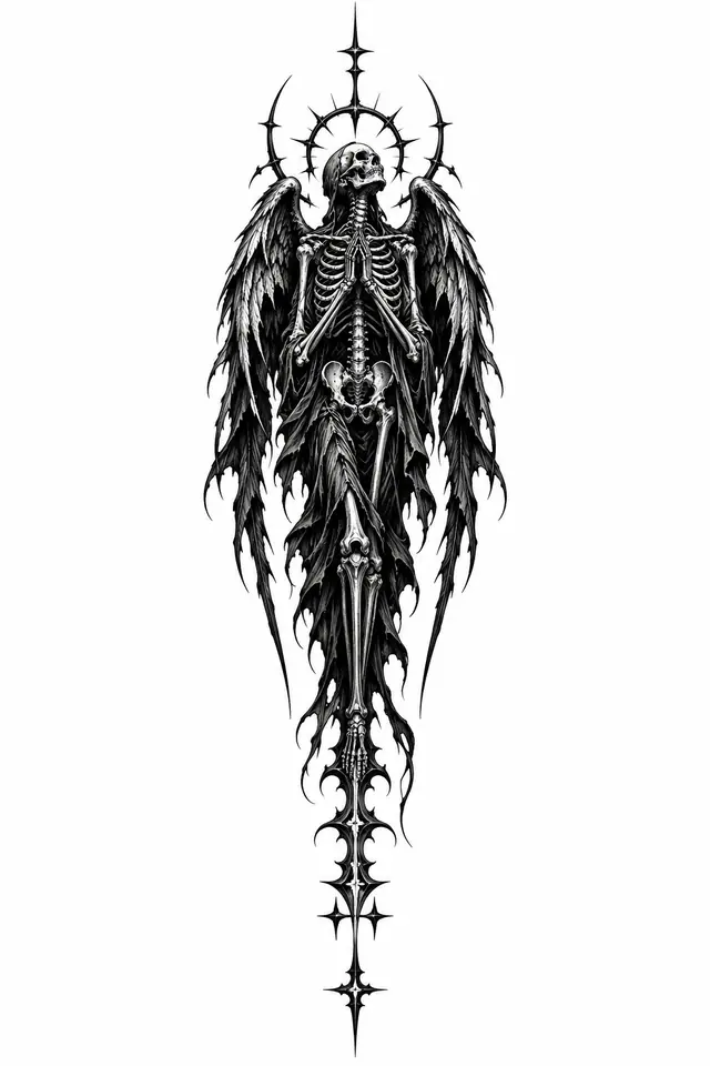 Blackwork fallen angel tattoo design for the spine