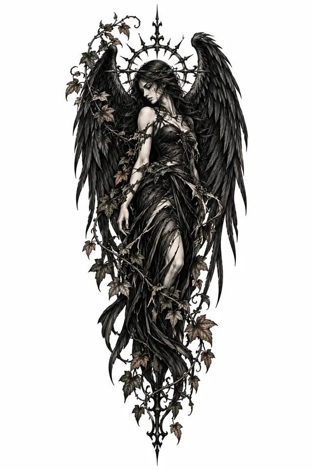 Blackwork fallen angel tattoo design for the thigh