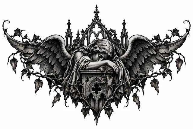 Blackwork fallen angel tattoo design for the throat