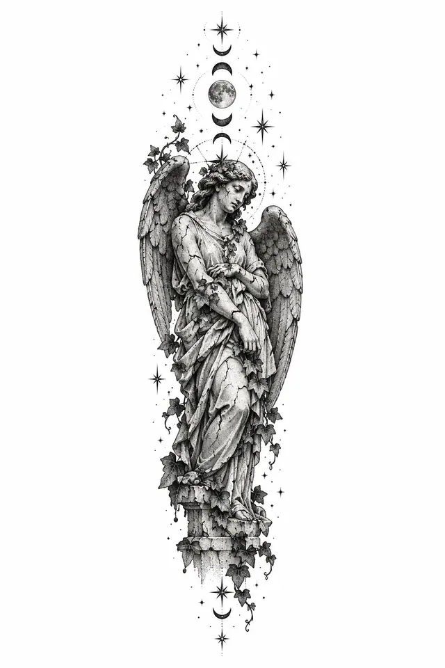 Dotwork fallen angel tattoo design for the forearm