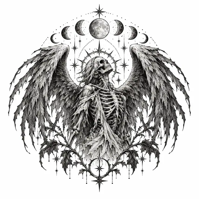 Dotwork fallen angel tattoo design for the shoulder