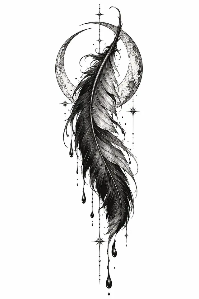 Engraving-style fallen angel tattoo design for the calf