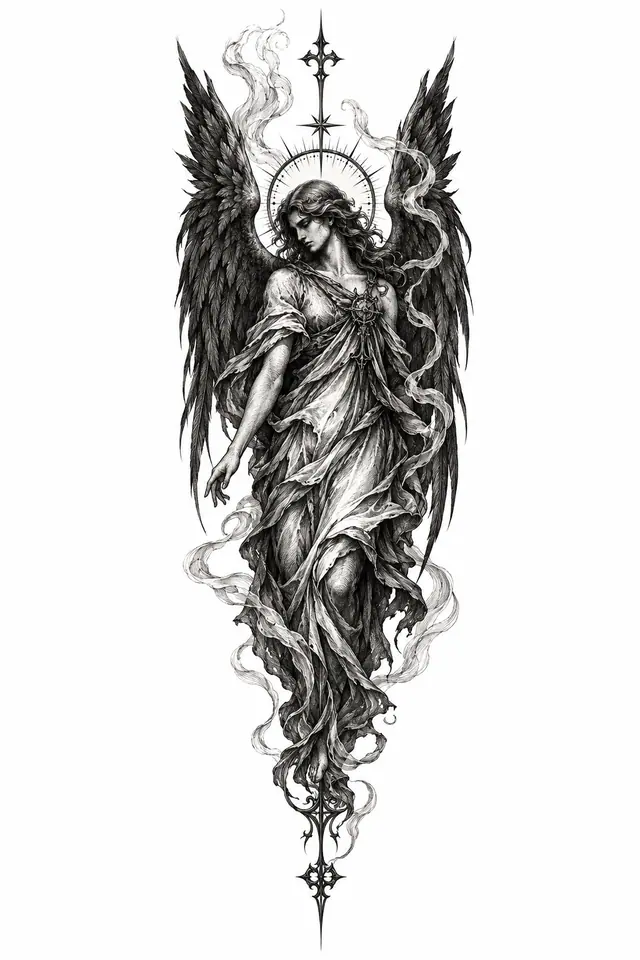 Engraving-style fallen angel tattoo design for the forearm