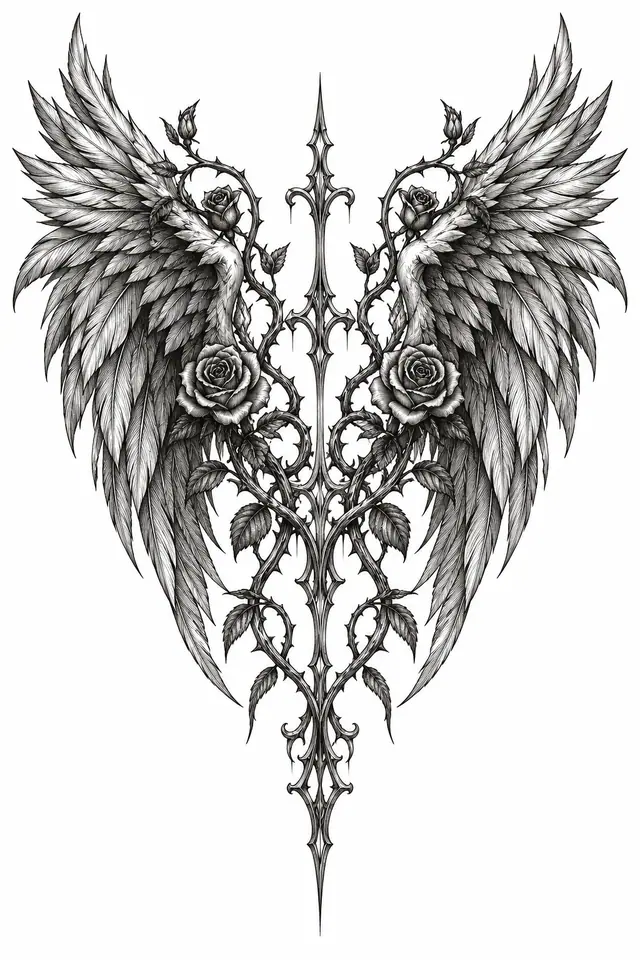Engraving-style fallen angel tattoo design for the sternum