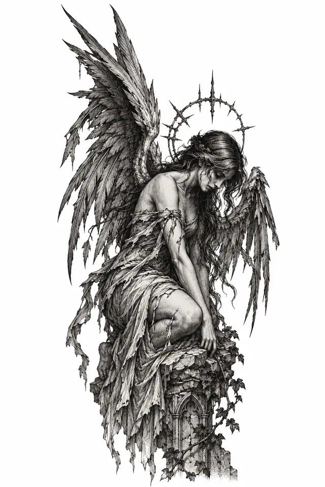 Engraving-style fallen angel tattoo design for the thigh