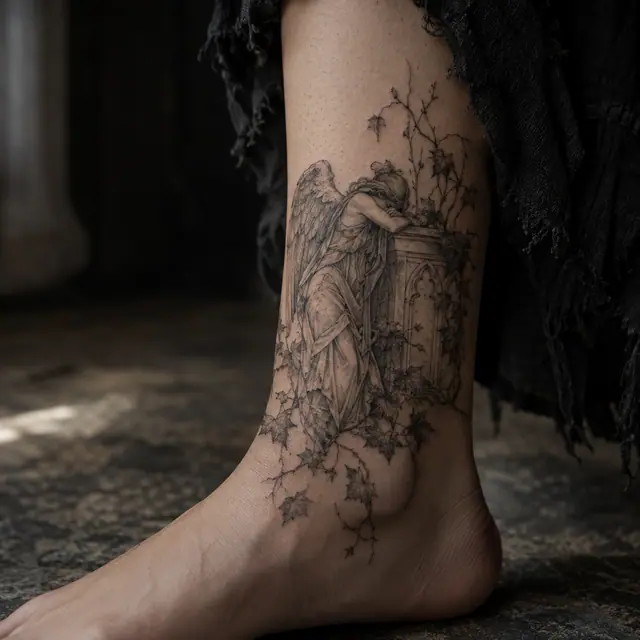 Fine-line fallen angel tattoo on the ankle