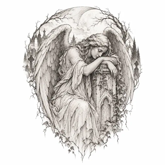 Fine-line fallen angel tattoo design for the shoulder