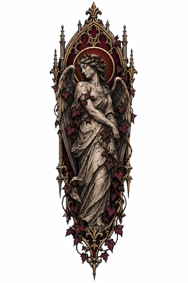 Neo-traditional fallen angel tattoo design for the calf