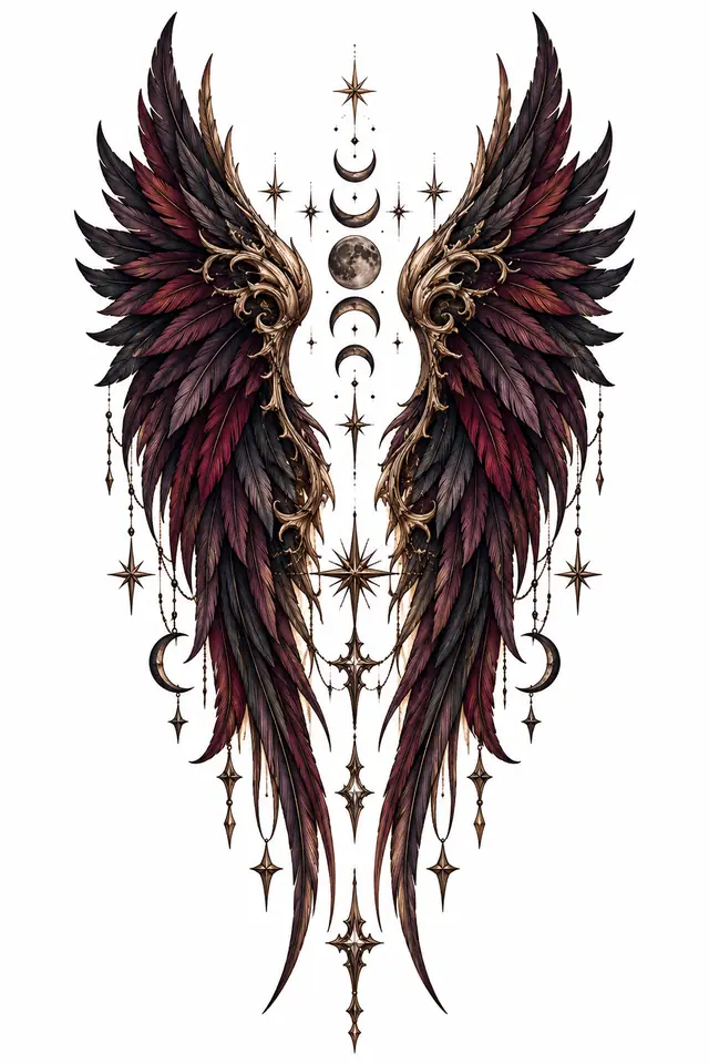 Neo-traditional fallen angel tattoo design for the calf