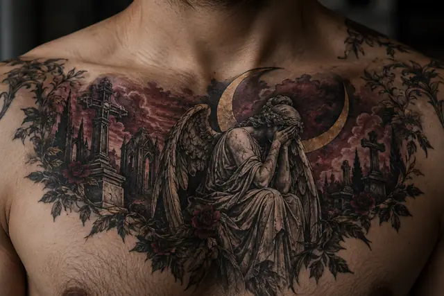 Neo-traditional fallen angel tattoo on the chest