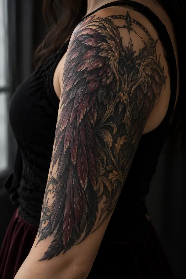 Neo-traditional fallen angel tattoo on the upper arm (half sleeve)