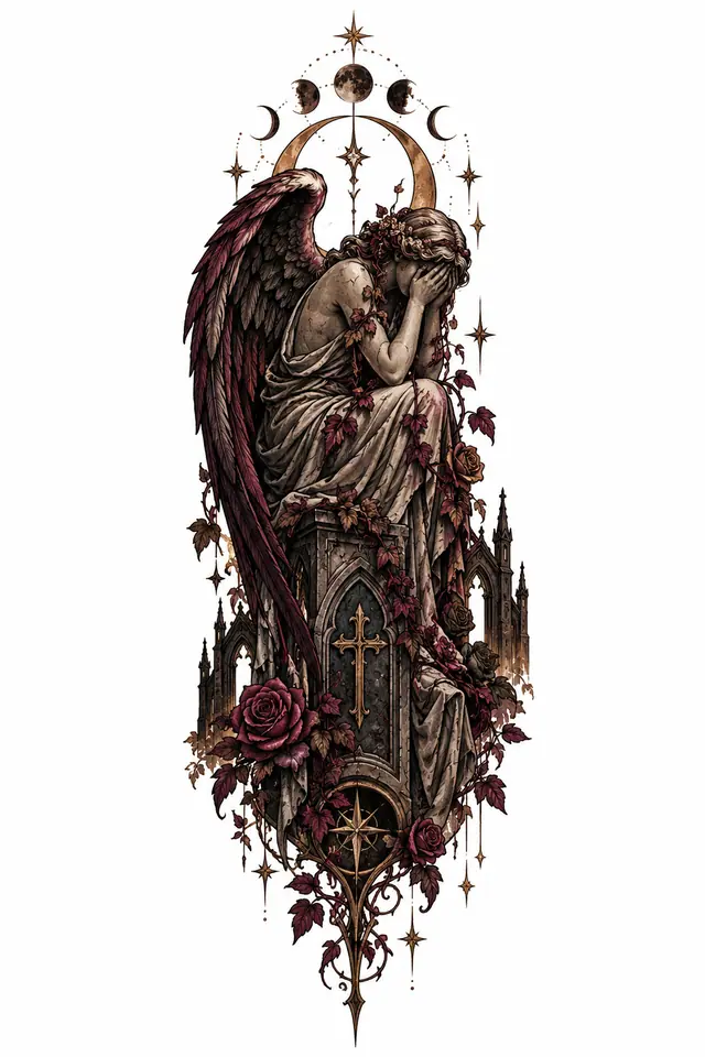 Neo-traditional fallen angel tattoo design for the thigh