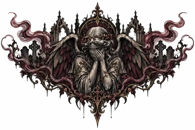 Neo-traditional fallen angel tattoo design for the throat