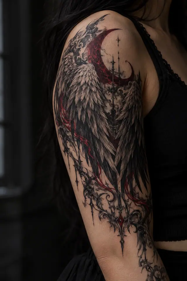 Red and black fallen angel tattoo on the upper arm (half sleeve)