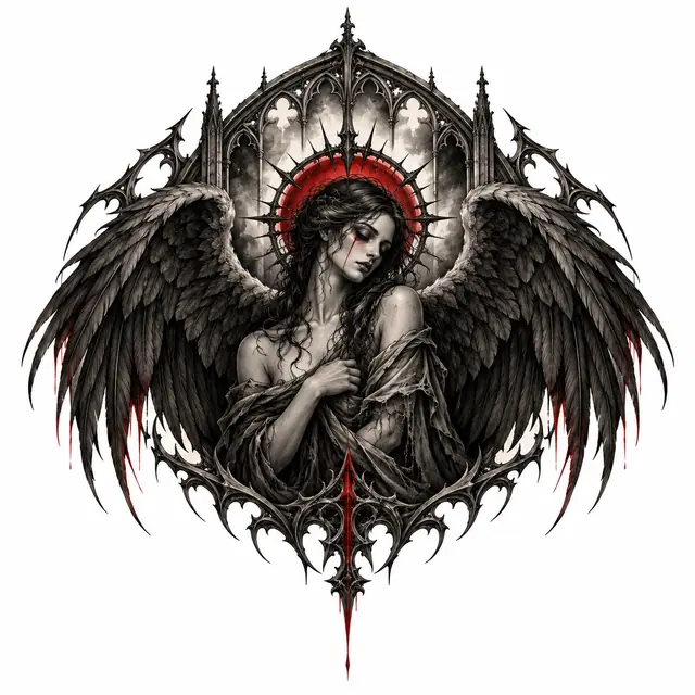 Red and black fallen angel tattoo design for the shoulder