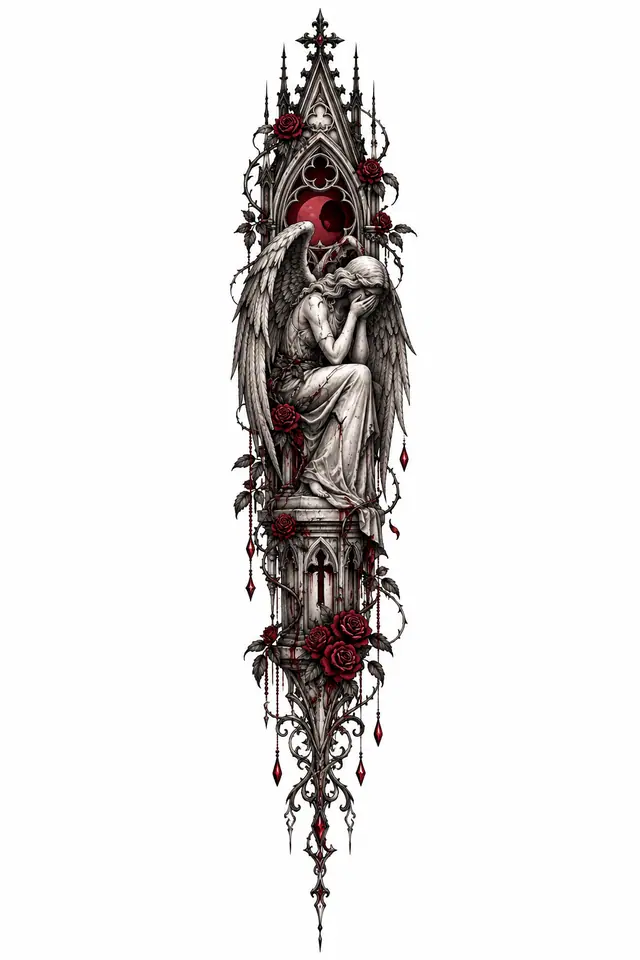 Red and black fallen angel tattoo design for the spine