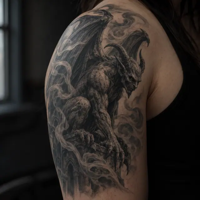Black and grey gargoyle tattoo on the shoulder