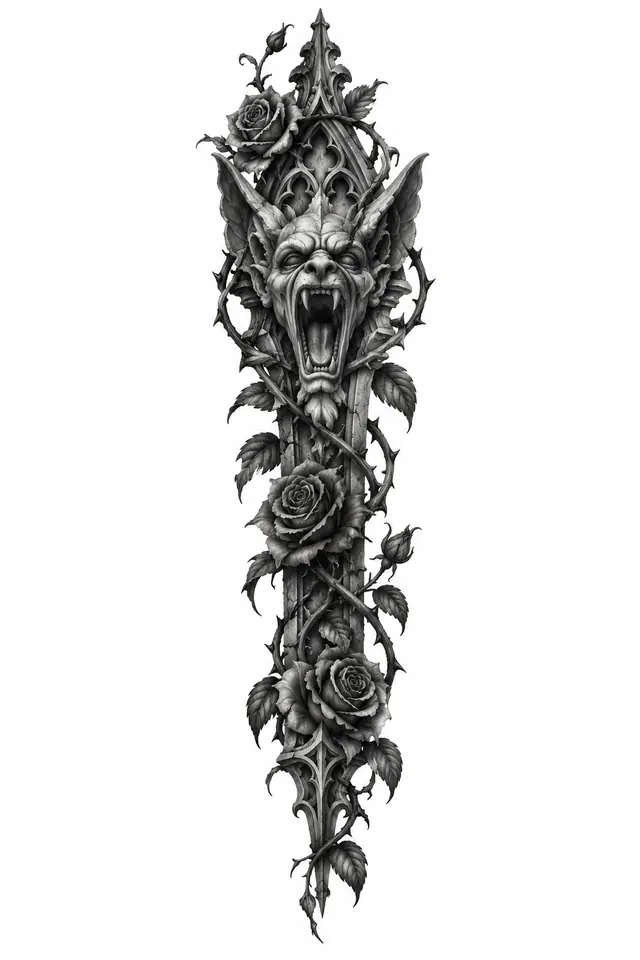 Black and grey gargoyle tattoo design for the spine