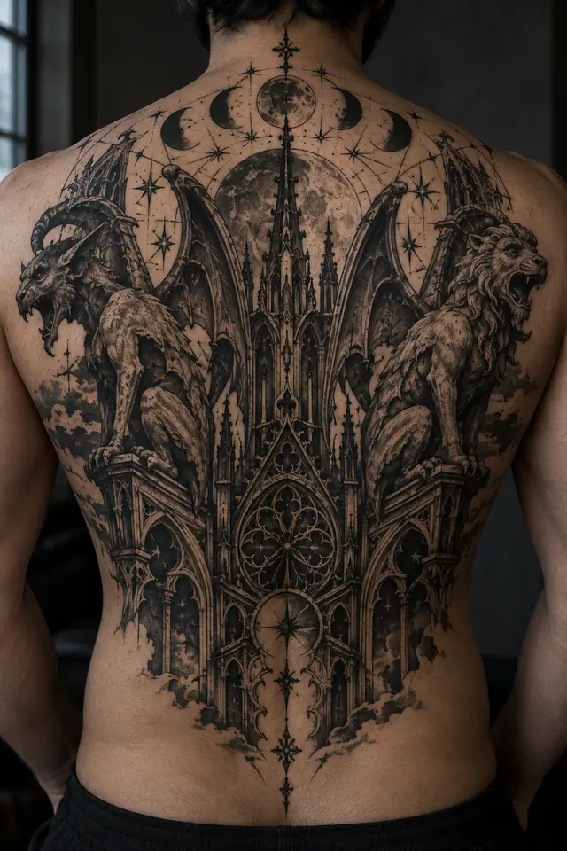 Blackwork gargoyle tattoo on the back