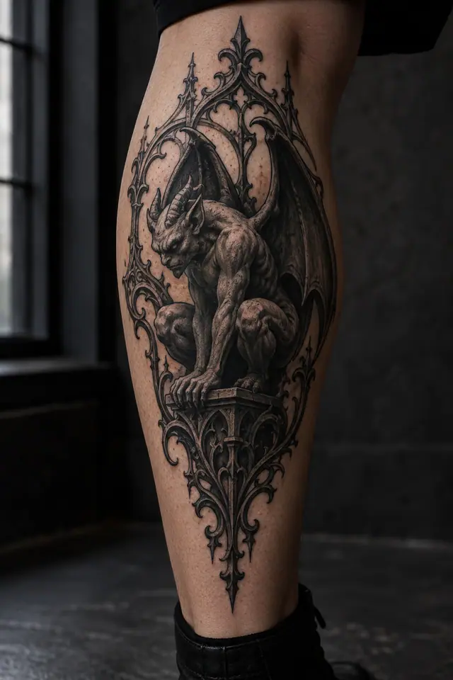 Blackwork gargoyle tattoo on the calf