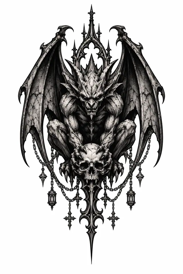 Blackwork gargoyle tattoo design for the sternum