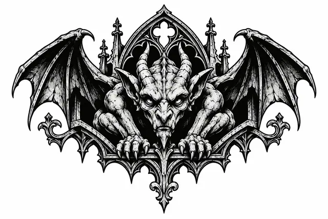 Blackwork gargoyle tattoo design for the throat