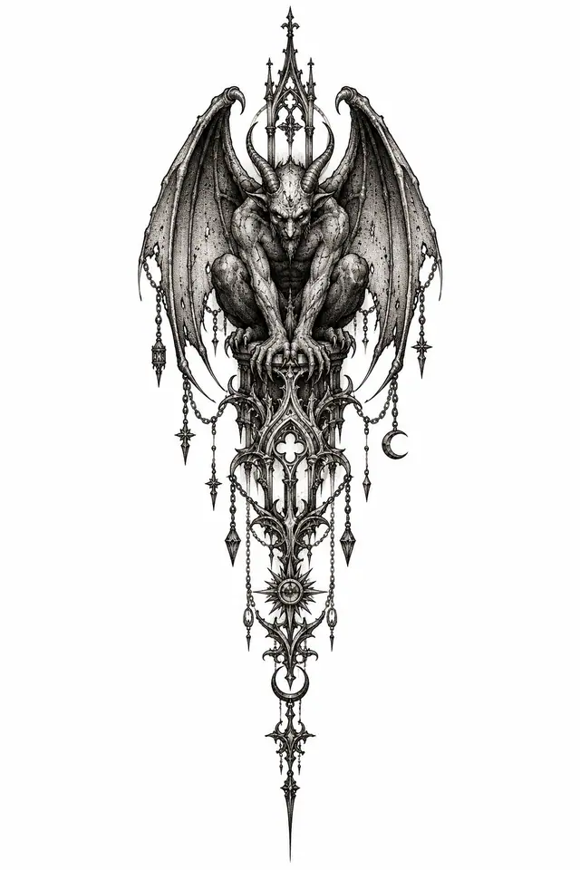 Dotwork gargoyle tattoo design for the spine