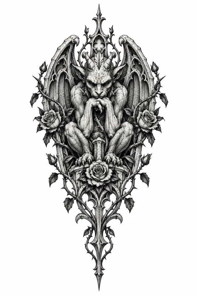 Dotwork gargoyle tattoo design for the sternum