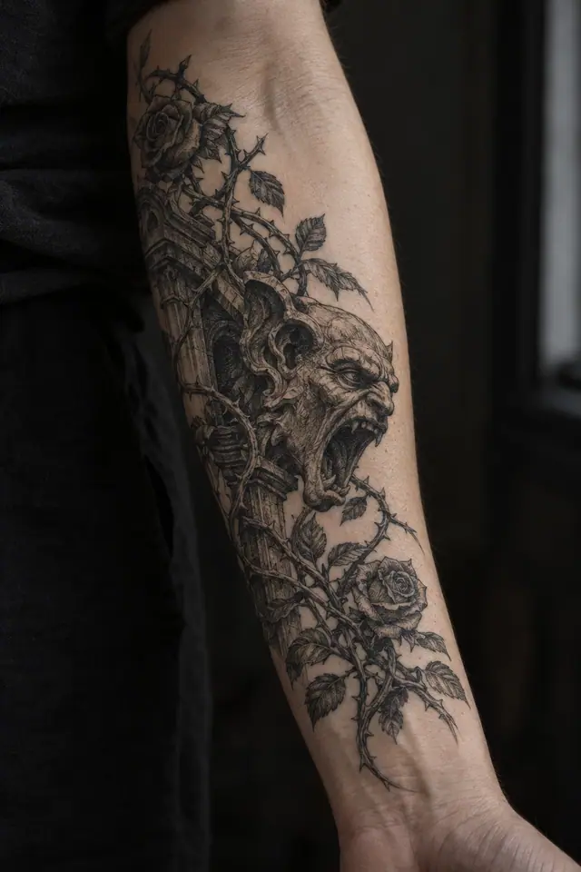Engraving-style gargoyle tattoo on the forearm