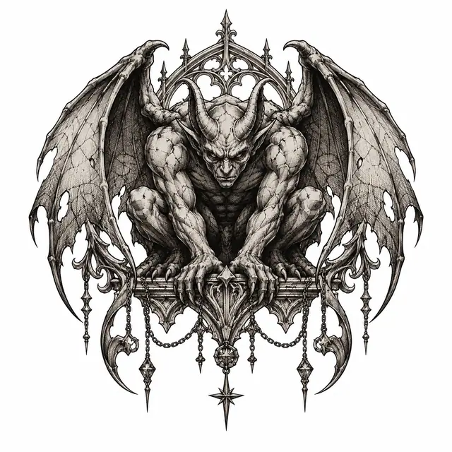 Engraving-style gargoyle tattoo design for the shoulder