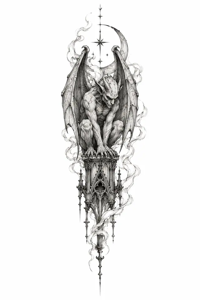 Fine-line gargoyle tattoo design for the calf