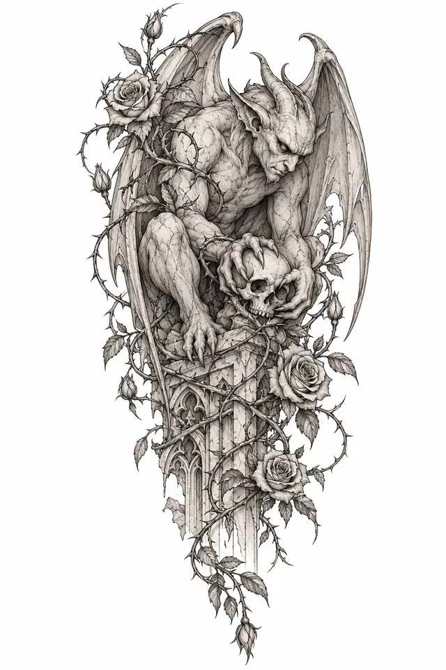 Fine-line gargoyle tattoo design for the upper arm (half sleeve)